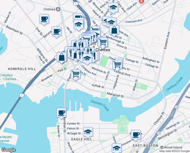 map of restaurants, bars, coffee shops, grocery stores, and more near 48 Shawmut Street in Chelsea