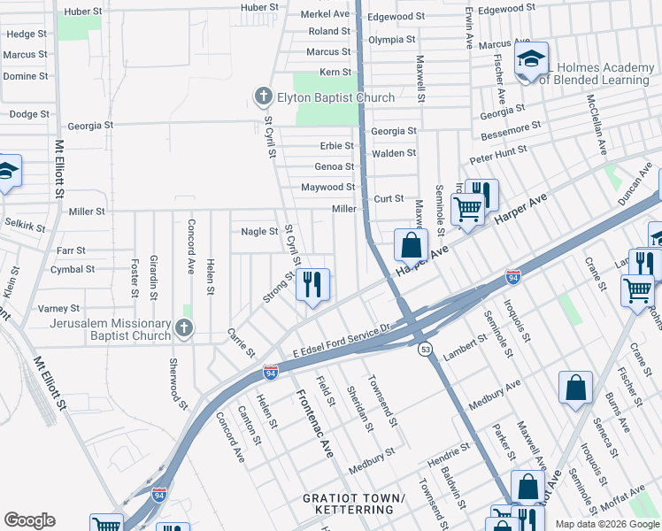 map of restaurants, bars, coffee shops, grocery stores, and more near 8024 Townsend Street in Detroit