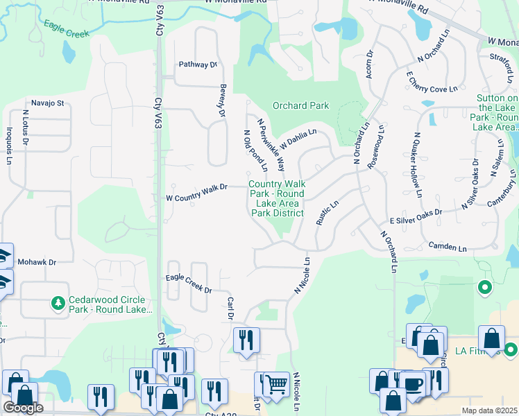 map of restaurants, bars, coffee shops, grocery stores, and more near 2228 North Old Pond Court in Round Lake Beach