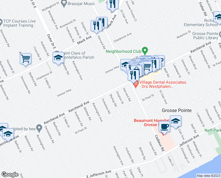 map of restaurants, bars, coffee shops, grocery stores, and more near 1204 Bishop Road in Grosse Pointe Park