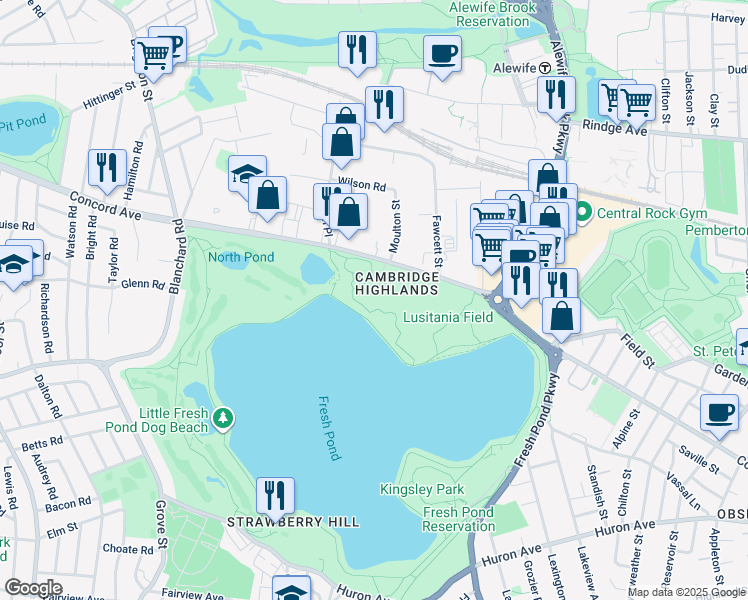 map of restaurants, bars, coffee shops, grocery stores, and more near 650 Concord Avenue in Cambridge