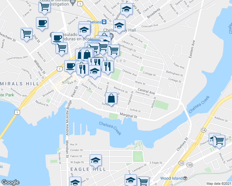 map of restaurants, bars, coffee shops, grocery stores, and more near 154 Congress Avenue in Chelsea