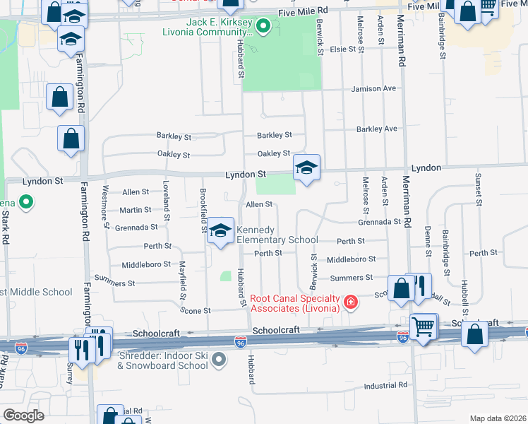 map of restaurants, bars, coffee shops, grocery stores, and more near 14376 Cranston Street in Livonia