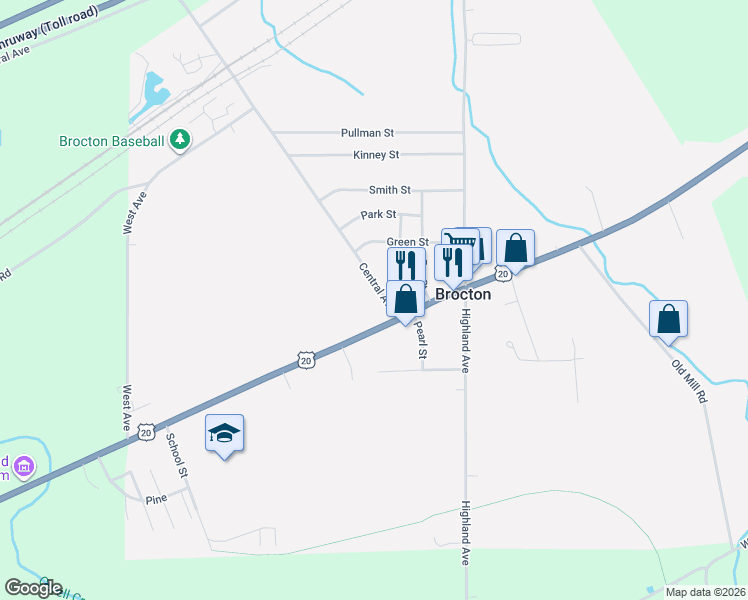 map of restaurants, bars, coffee shops, grocery stores, and more near 12 Central Avenue in Brocton