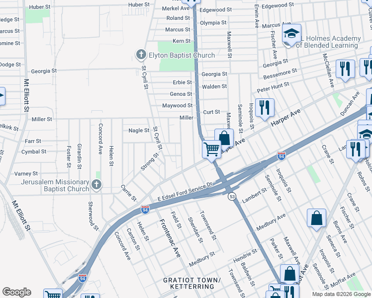 map of restaurants, bars, coffee shops, grocery stores, and more near 8024 Townsend Street in Detroit