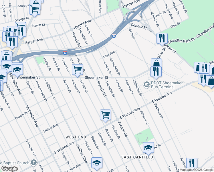 map of restaurants, bars, coffee shops, grocery stores, and more near 5271 Montclair Street in Detroit