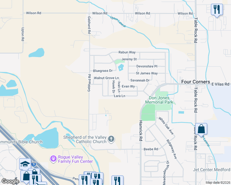 map of restaurants, bars, coffee shops, grocery stores, and more near 1245 Hawk Drive in Central Point