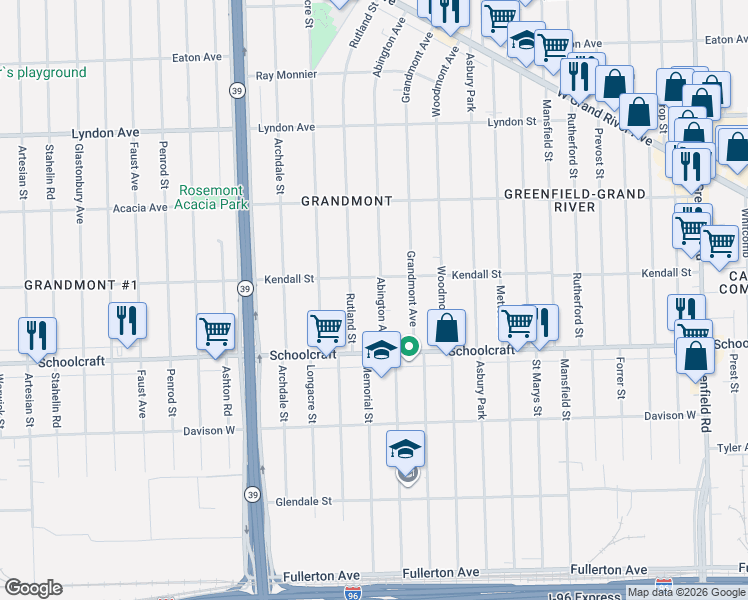 map of restaurants, bars, coffee shops, grocery stores, and more near 14015 Abington Avenue in Detroit