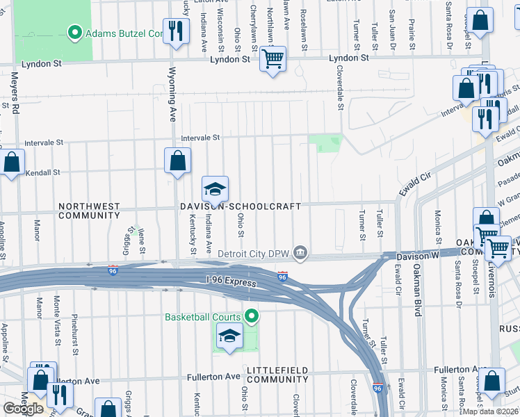map of restaurants, bars, coffee shops, grocery stores, and more near 13658 Cherrylawn Street in Detroit