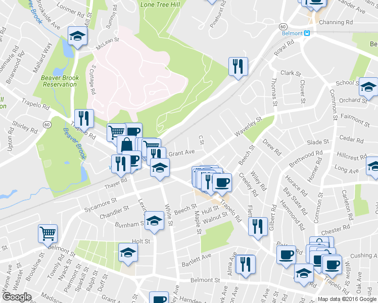 map of restaurants, bars, coffee shops, grocery stores, and more near Grant Avenue in Belmont