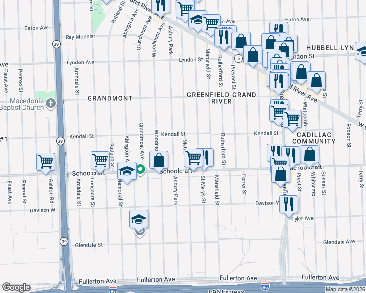 map of restaurants, bars, coffee shops, grocery stores, and more near 14008 Mettetal Street in Detroit