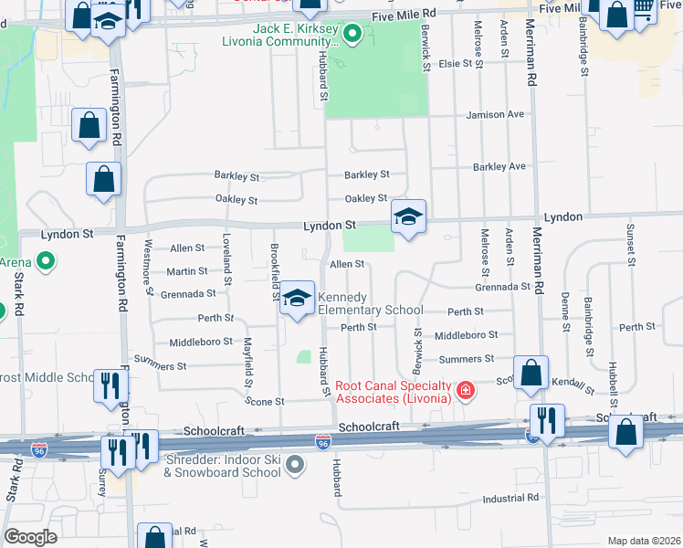 map of restaurants, bars, coffee shops, grocery stores, and more near 14376 Cranston Street in Livonia