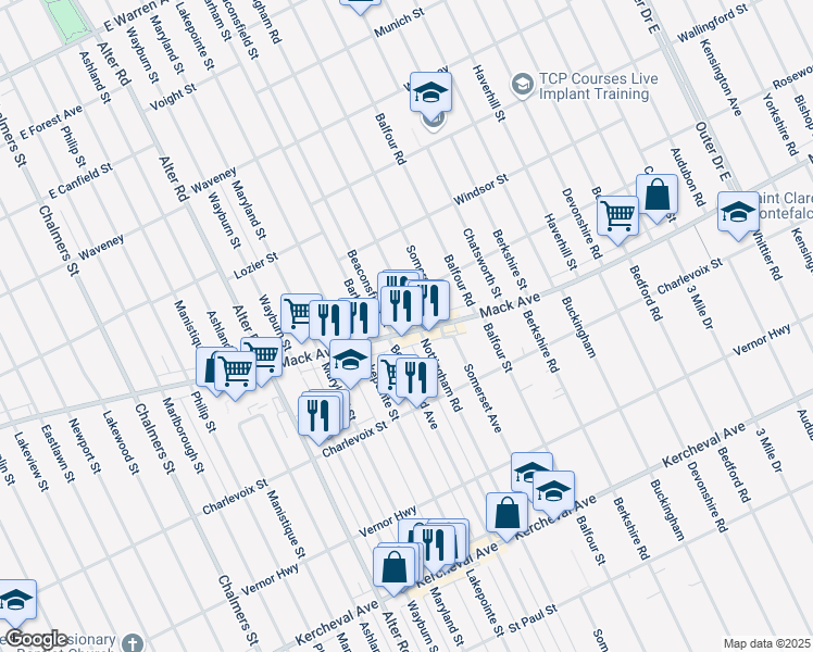 map of restaurants, bars, coffee shops, grocery stores, and more near 15425 Mack Avenue in Detroit