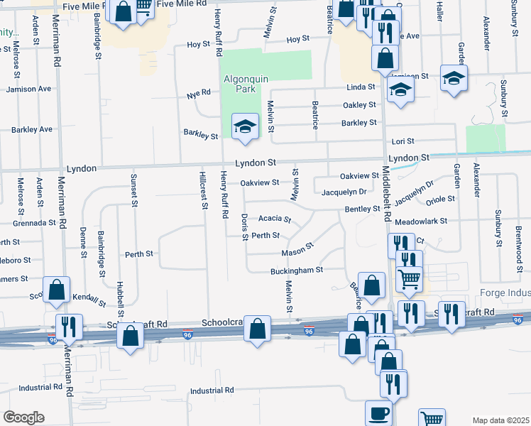 map of restaurants, bars, coffee shops, grocery stores, and more near 30232 Acacia Avenue in Livonia