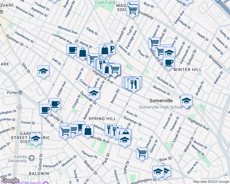 map of restaurants, bars, coffee shops, grocery stores, and more near 44 Benton Road in Somerville