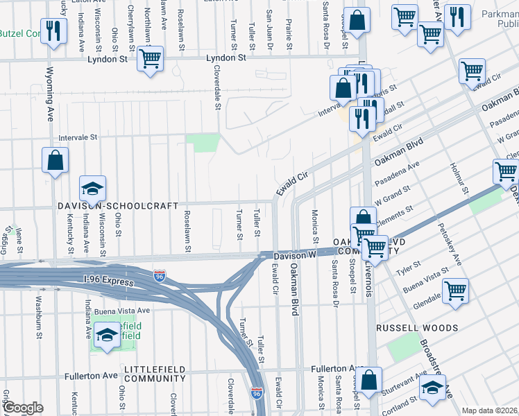 map of restaurants, bars, coffee shops, grocery stores, and more near 13646 Tuller Street in Detroit