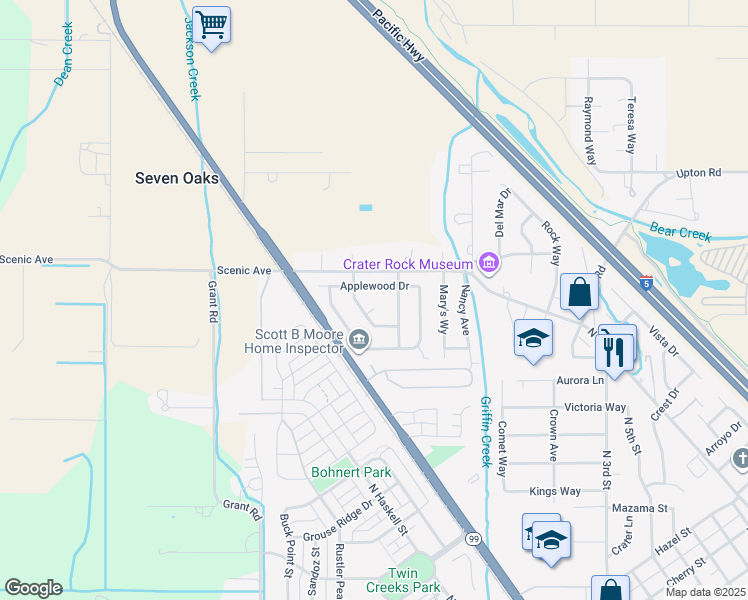 map of restaurants, bars, coffee shops, grocery stores, and more near 253 Summer Glen Court in Central Point