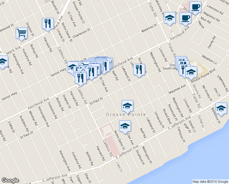 map of restaurants, bars, coffee shops, grocery stores, and more near St Paul St & Neff Ln in Grosse Pointe