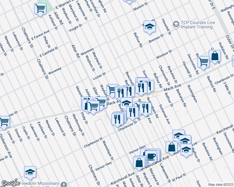 map of restaurants, bars, coffee shops, grocery stores, and more near 3552 Maryland Street in Detroit
