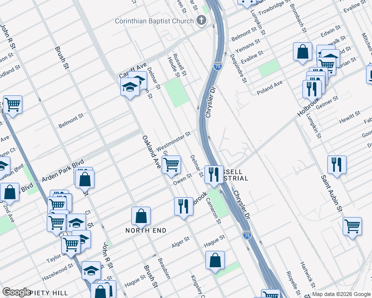 map of restaurants, bars, coffee shops, grocery stores, and more near 9207 Delmar Street in Detroit