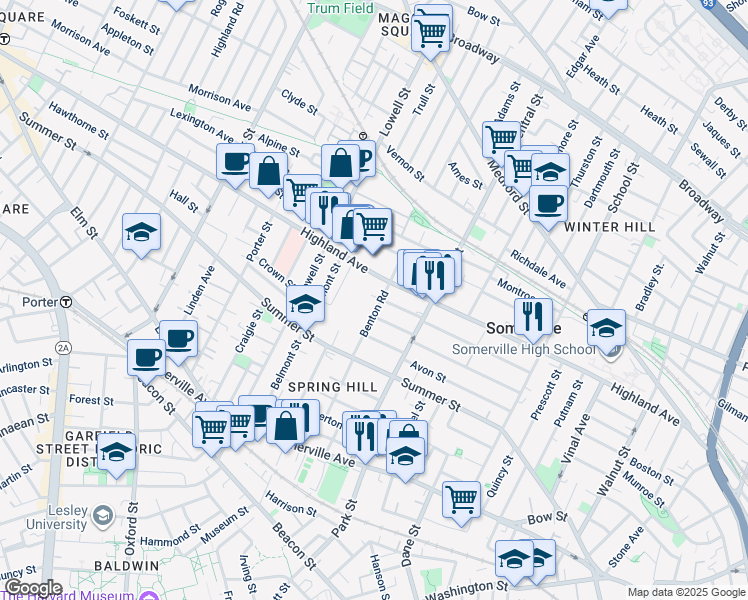 map of restaurants, bars, coffee shops, grocery stores, and more near 44 Benton Road in Somerville
