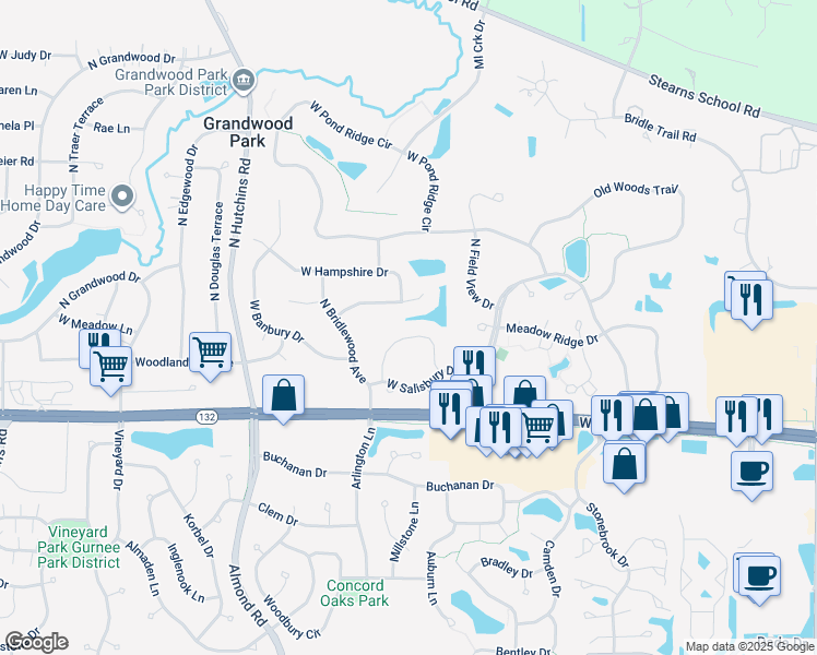 map of restaurants, bars, coffee shops, grocery stores, and more near 17844 Braewick Road in Gurnee