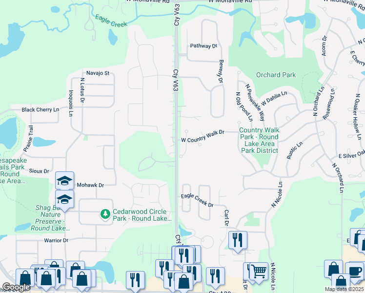 map of restaurants, bars, coffee shops, grocery stores, and more near 2220 North Pheasant Ridge Court in Round Lake Beach