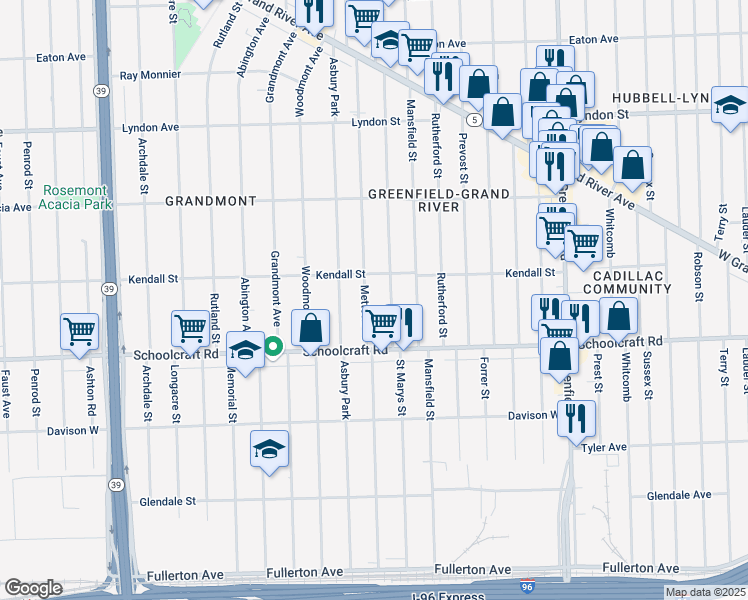 map of restaurants, bars, coffee shops, grocery stores, and more near 14008 Mettetal Street in Detroit