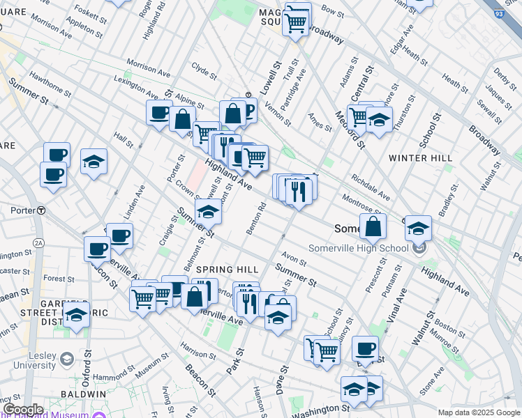 map of restaurants, bars, coffee shops, grocery stores, and more near 46 Benton Road in Somerville