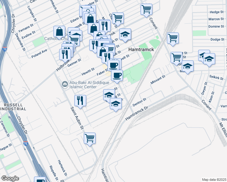 map of restaurants, bars, coffee shops, grocery stores, and more near 2466 Andrus St in Hamtramck