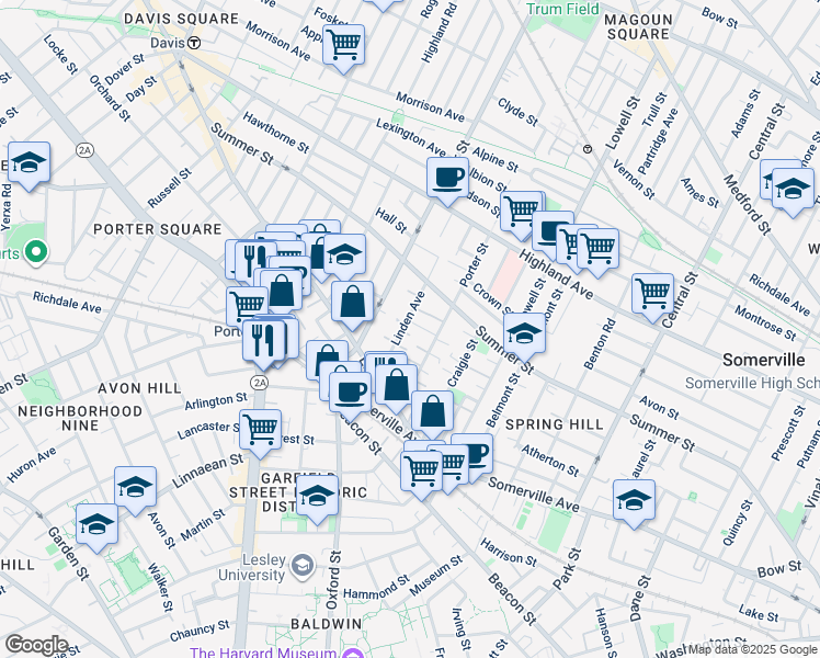 map of restaurants, bars, coffee shops, grocery stores, and more near 29 Linden Avenue in Somerville