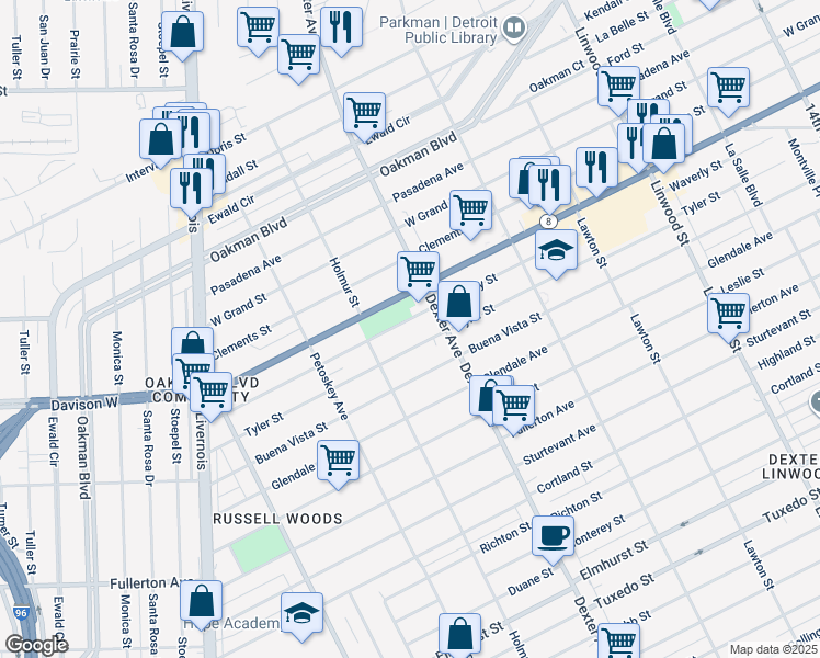 map of restaurants, bars, coffee shops, grocery stores, and more near 3761 Waverly Street in Detroit