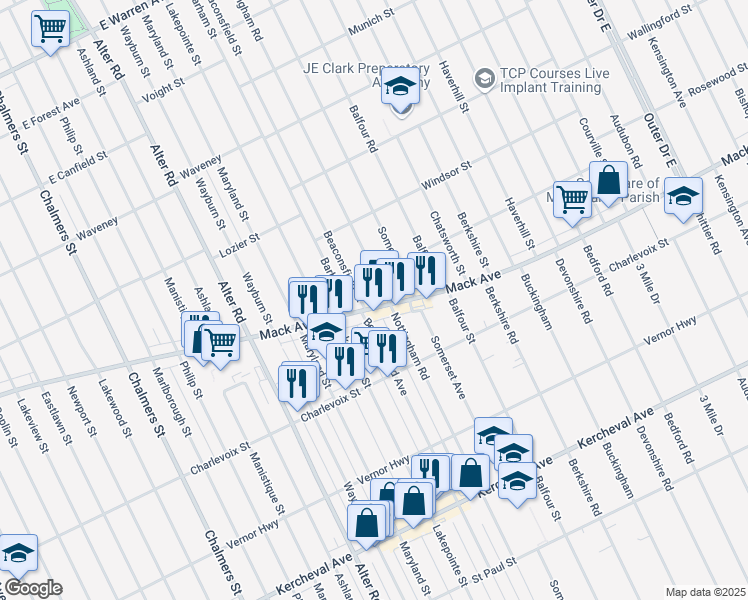 map of restaurants, bars, coffee shops, grocery stores, and more near 15425 Mack Avenue in Detroit
