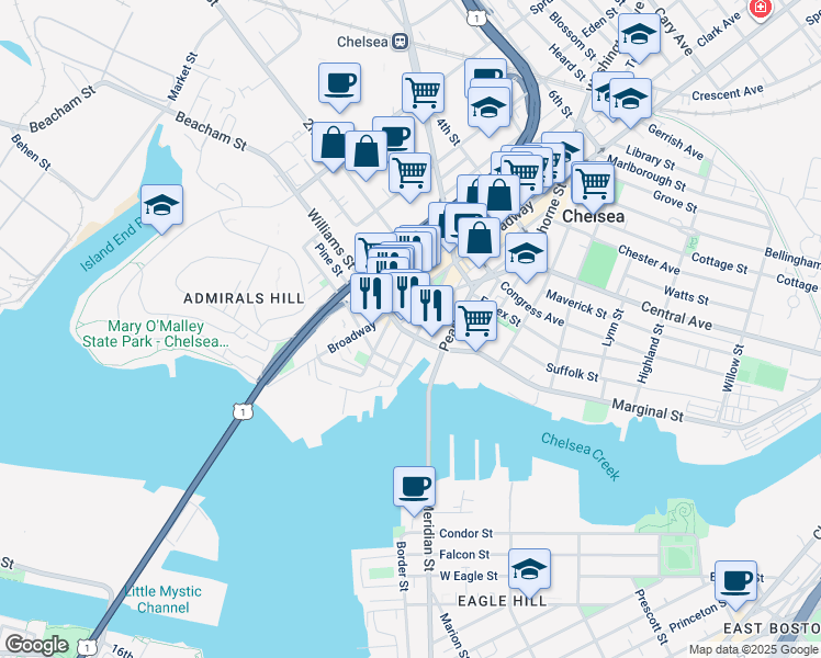 map of restaurants, bars, coffee shops, grocery stores, and more near 29 Williams Street in Chelsea