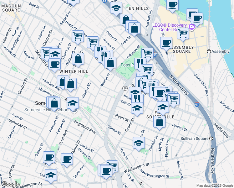 map of restaurants, bars, coffee shops, grocery stores, and more near in Somerville