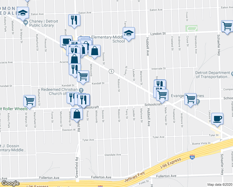 map of restaurants, bars, coffee shops, grocery stores, and more near 13983 Robson St in Detroit