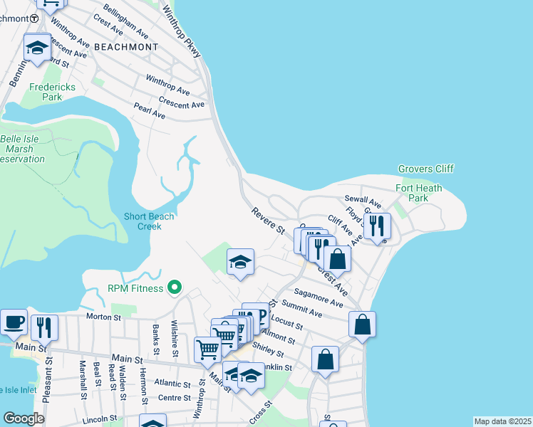 map of restaurants, bars, coffee shops, grocery stores, and more near 361 Revere Street in Winthrop