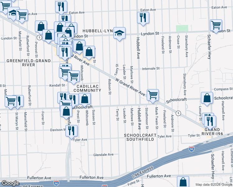 map of restaurants, bars, coffee shops, grocery stores, and more near 13985 Terry Street in Detroit