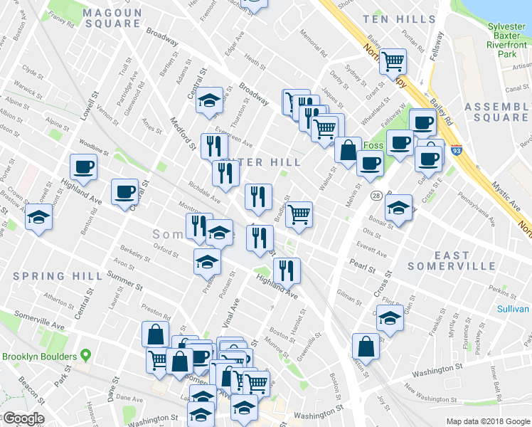 map of restaurants, bars, coffee shops, grocery stores, and more near 90 Marshall Street in Somerville