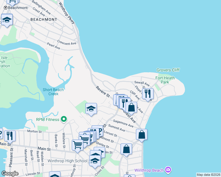 map of restaurants, bars, coffee shops, grocery stores, and more near 18 Upland Road in Winthrop