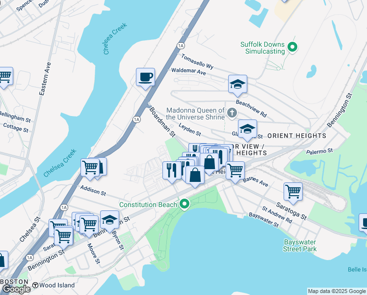 map of restaurants, bars, coffee shops, grocery stores, and more near 59 Boardman Street in Boston