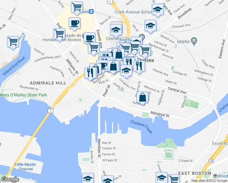 map of restaurants, bars, coffee shops, grocery stores, and more near 30 Hawthorne Street in Chelsea