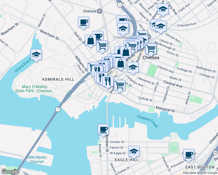 map of restaurants, bars, coffee shops, grocery stores, and more near 62 Pearl Street in Chelsea
