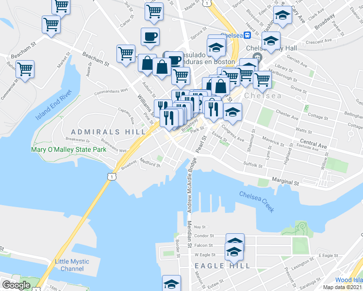 map of restaurants, bars, coffee shops, grocery stores, and more near 29 Williams Street in Chelsea
