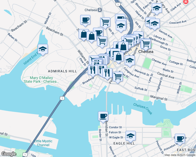 map of restaurants, bars, coffee shops, grocery stores, and more near 29 Williams Street in Chelsea