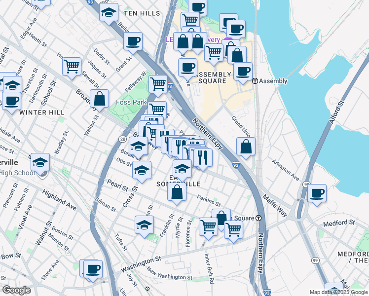 map of restaurants, bars, coffee shops, grocery stores, and more near 24 Michigan Avenue in Somerville