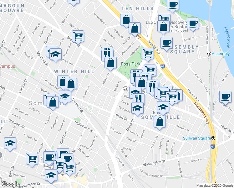 map of restaurants, bars, coffee shops, grocery stores, and more near in Somerville