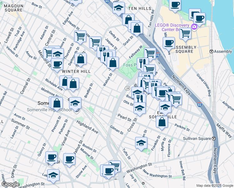 map of restaurants, bars, coffee shops, grocery stores, and more near in Somerville