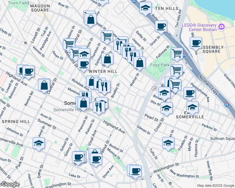 map of restaurants, bars, coffee shops, grocery stores, and more near 19 Bradley Street in Somerville