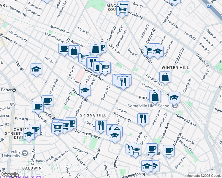 map of restaurants, bars, coffee shops, grocery stores, and more near 164 Highland Avenue in Somerville